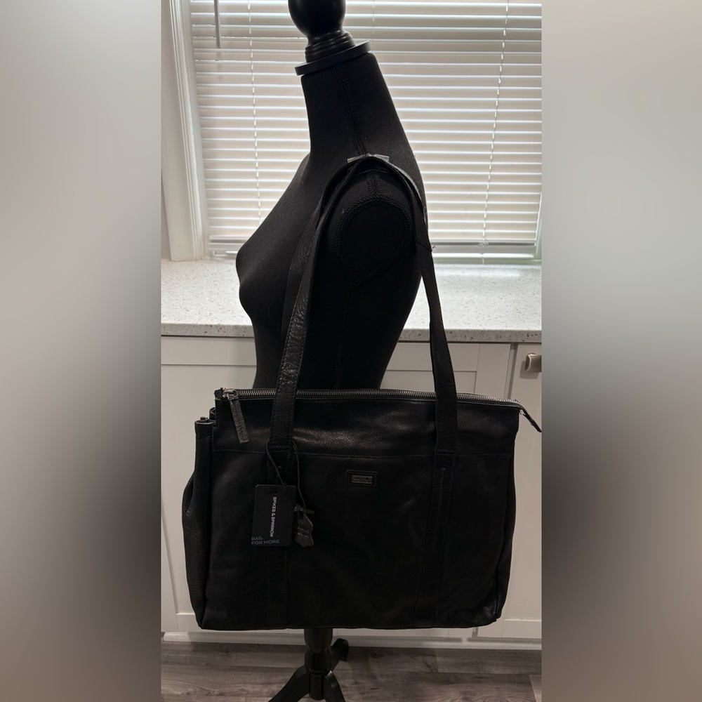 NWT Spikes and Sparrow Black Leather Laptop Tote